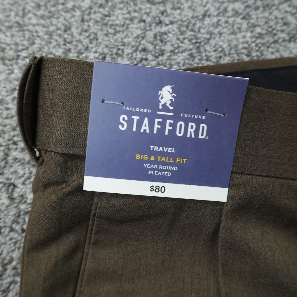 NEW Stafford Pants Mens 50X30 Brown Chino Trouser Pleated Cuffed Dress Slacks